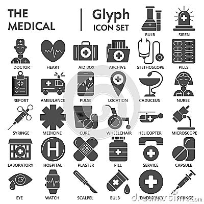 Medical glyph icon set, medicine symbols collection, vector sketches, logo illustrations, pharmacy signs solid Vector Illustration