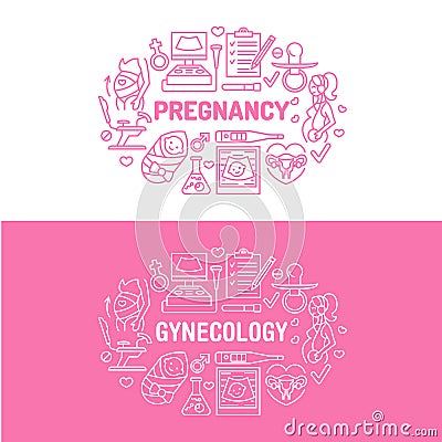 Medical, gynecology banner illustration. Obstetrics, pregnancy vector line icons - research, in vitro fertilization Vector Illustration