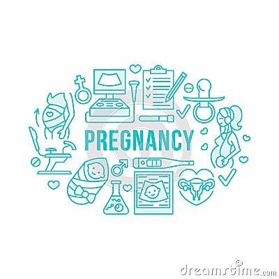 Medical, gynecology banner illustration. Obstetrics pregnancy vector line icons research, in vitro fertilization Vector Illustration