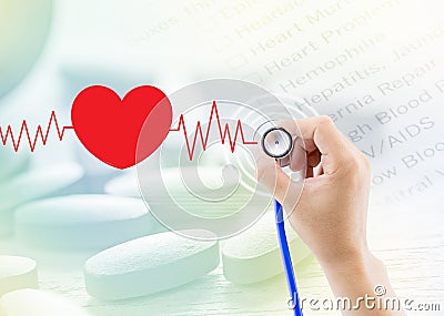 Medical, hand holding stethoscope, heart beat graph and pill Stock Photo