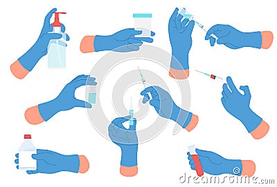 Medical hands. Doctor arms wearing surgical gloves hold different medical tools. Palms with injections and ampoules Vector Illustration