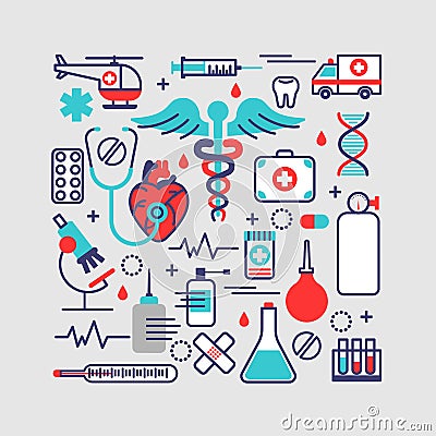 Medical, health care concept in modern flat line design. Vector Cartoon Illustration