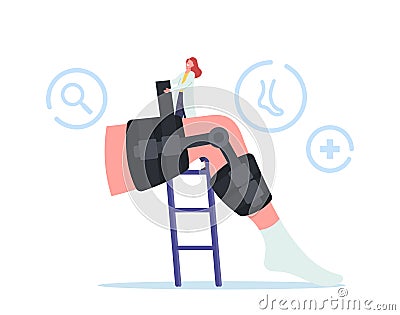 Medical Health Care Concept. Tiny Orthopedist Doctor Character Install Bandage Brace at Huge Leg with Bones Fracture Vector Illustration