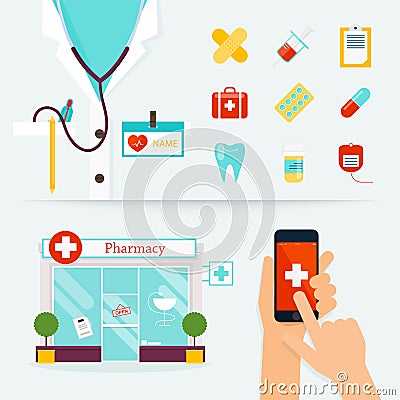 Medical, Health care and emergency concept. First aid, medicines Vector Illustration