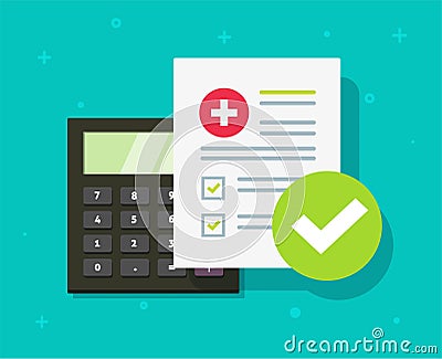 Medical health care insurance form calculator or medicare healthcare document risk claim coverage check list vector flat Vector Illustration