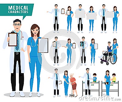 Medical and health care vector character set. Doctor, nurse and pediatrician characters holding empty white board Vector Illustration