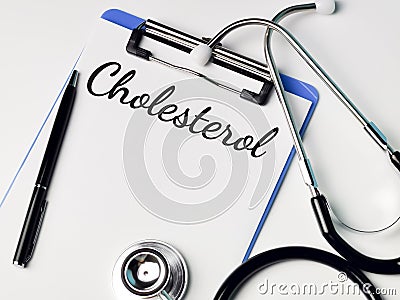 Phrase CHOLESTEROL written on paper clipboard with stethoscope and a pen. Stock Photo