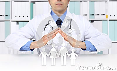 Medical health insurance concept, doctor hands with family icons Stock Photo