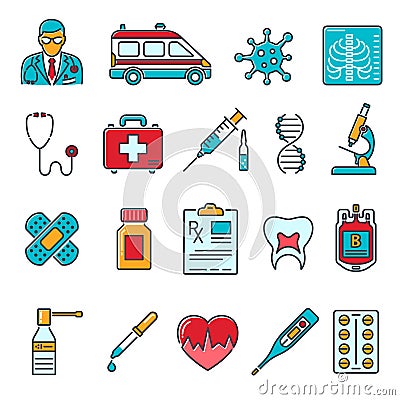 Medical Healthcare Colored Line Icons Set Vector Illustration