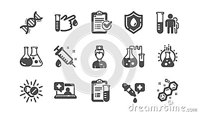 Medical healthcare icons. Drug testing, scientific discovery and disease prevention. Classic set. Vector Vector Illustration