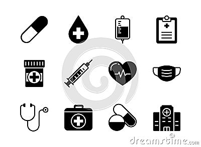 Medical and healthcare icon set glyph style. Symbols for website, print, magazine, app and design Vector Illustration