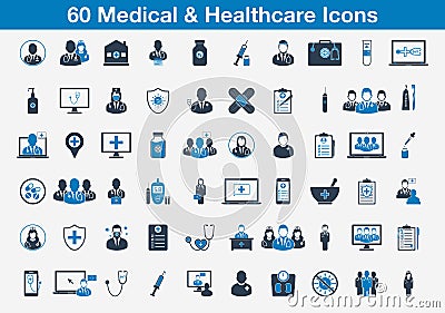 60 Medical and healthcare Icons with doctor, nurse, surgeon, medicine sign. Editable Vector EPS Symbol Illustration Vector Illustration