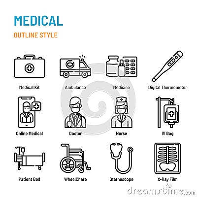 Medical and Healthcare in outline icon and symbol set Vector Illustration