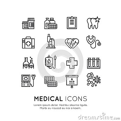 Medical and Healthcare Research Items, Insurance, MRI, Scan, Check-Up Forms, Blood Testing Vector Illustration