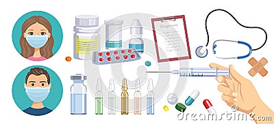 Medical healthcare set. Man and woman in medical protective masks, syringe, ampoule and plaster isolated Vector Illustration