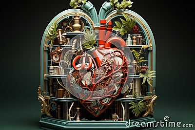 medical heart, witty and clever cartoons, functional aesthetics, green and crimson. AI Generated Stock Photo