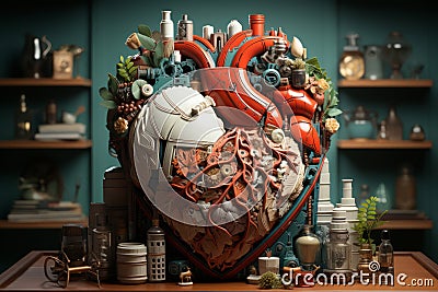 medical heart, witty and clever cartoons, functional aesthetics, green and crimson. AI Generated Stock Photo