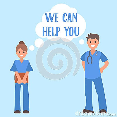 Medical help banner vector illustration. Young woman and man doctor smiling and getting ready to help. Nurse or medical Vector Illustration
