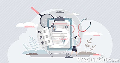 Medical history and health record documents for doctor tiny person concept Vector Illustration