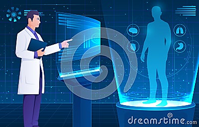 Medical holographic scene . Doctor is diagnose by health technology with patient body scan . Augmented Reality concept . Vector Vector Illustration