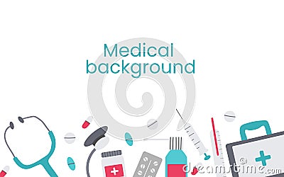 Medical horizontal banner with icons related to hospital, clinic. Flat color vector border, frame for design poster, flyer, Vector Illustration