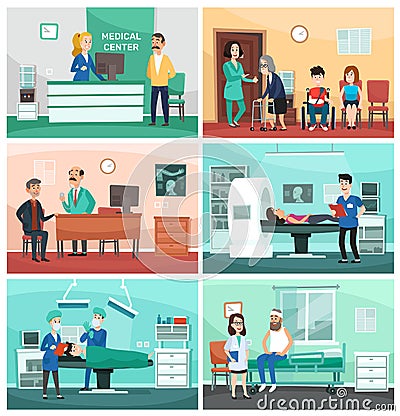 Medical hospital. Clinical care, emergency nurse with patient and hospitals doctor vector cartoon illustration Vector Illustration