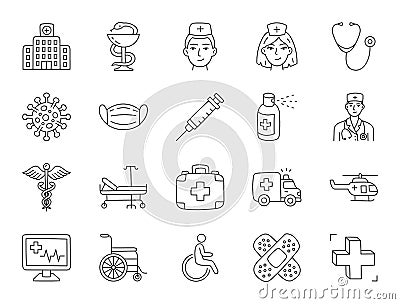 Medical hospital doodle illustration including icons - doctor, nurse, ambulance, wheelchair, caduceus, spray, syringe Cartoon Illustration