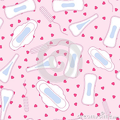 Medical hygiene conception pattern. Seamless vector pattern with menstruation sanitary pads, red hearts and cotton tampon Vector Illustration