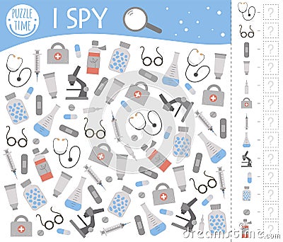 Medical I spy game for kids. Healthcare themed searching and counting activity for preschool children with cute elements. Funny Vector Illustration