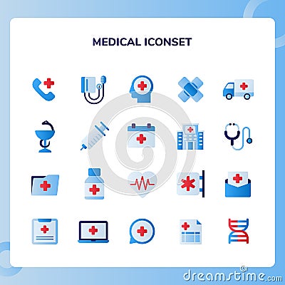 Medical icon set collection emergency call neurology ambulance pharmacy stethoscope with flat red blue theme color style Vector Illustration