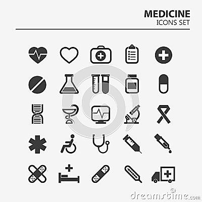 Medical icon set. 25 Silhouette hospital vector signs. Medicine design. Web ambulance infographics icons. Vector Illustration