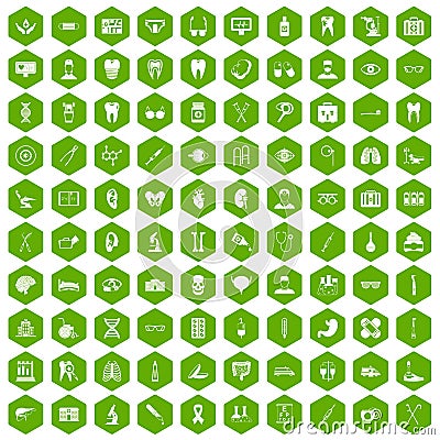 100 medical icons hexagon green Vector Illustration