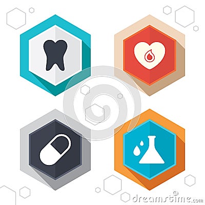 Medical icons. Pill, tooth, chemistry and heart Vector Illustration