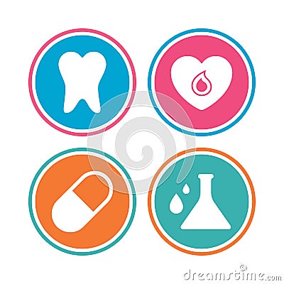 Medical icons. Pill, tooth, chemistry and heart. Vector Illustration