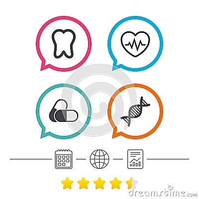 Medical icons. Pills, tooth, DNA and Cardiogram. Vector Illustration