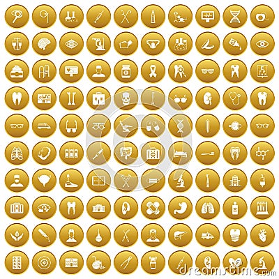 100 medical icons set gold Vector Illustration