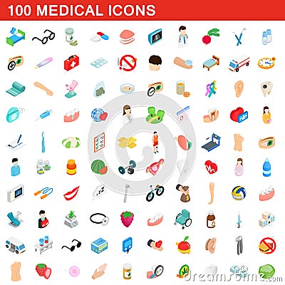 100 medical icons set, isometric 3d style Vector Illustration