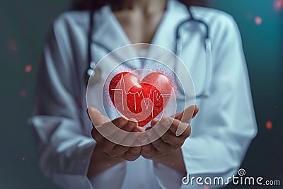 Medical illustration Doctor presents heart shape icon, promoting cardiovascular health Cartoon Illustration