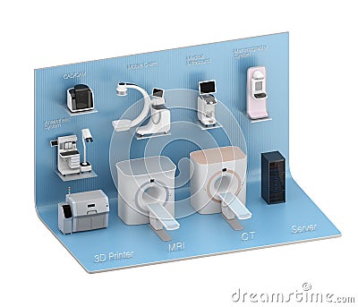 Medical imaging system on blue exhibition stage Stock Photo
