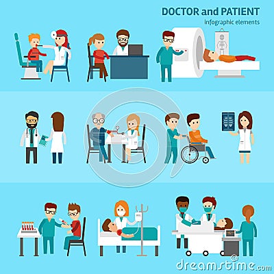 Medical infographic elements with doctor and patients treatments and examination flat pictograms with healthcare symbols Vector Illustration