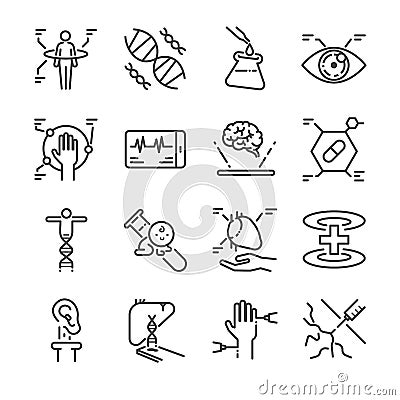 Medical innovation line icon set. Included the icons as physical scan, digital eye, dna, pseudo heart, organ printing and more. Vector Illustration