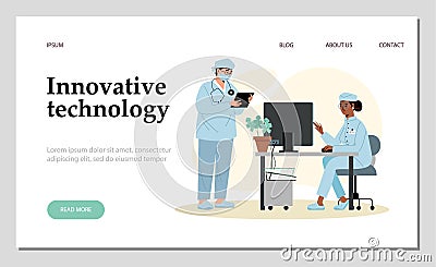 Medical innovative technology concept banner with male, female characters Vector Illustration