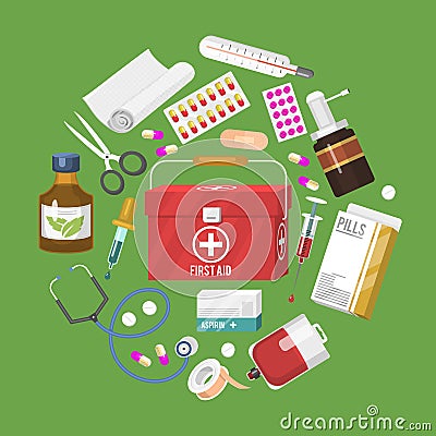 Medical instrument banner, poster. First-aid set outfit medicine chest and doctor tools medicament. Medication hospital Vector Illustration