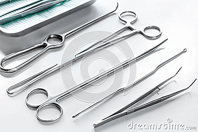 Medical instruments for cosmetic surgery on white table backgrond Stock Photo