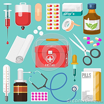 Medical instruments and doctor tools medicament in cartoon style medication hospital health treatment vector Vector Illustration