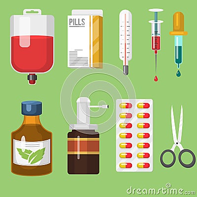 Medical instruments and doctor tools medicament in cartoon style medication hospital health treatment vector Vector Illustration