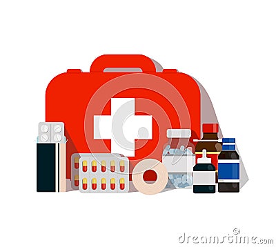 Medical instruments and first aid medicines and diagnostics. Pill board for sore throat drug on white isolated Vector Illustration