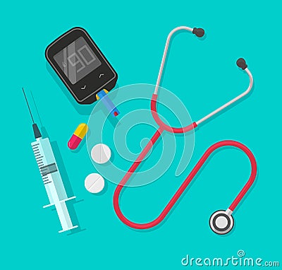 Medical instruments isolated vector illustration, flat cartoon pills, medicine tablets, stethoscope, glucometer and Vector Illustration