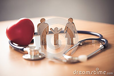 Medical Insurance Concept With Family And Stethoscope On Wooden Stock Photo