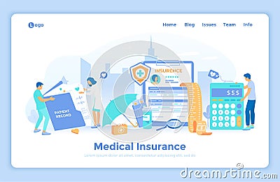 Medical Insurance Contract Document. Insurance policy on clipboard. Filling medical form, health plan. Doctor and male nurse look Vector Illustration